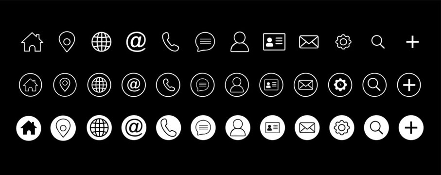 A Set of Email, Phone, Location, Web, at the rate of, message and contact icon set. simple black style symbol sign for apps and website, vector illustration.