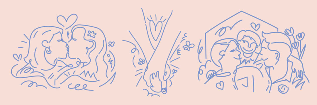 Line art of diverse couples kissing, embracing love. Couples, love, and romance depicted in simple, elegant lines. Romantic, diverse, affectionate art. Doodle vector set.