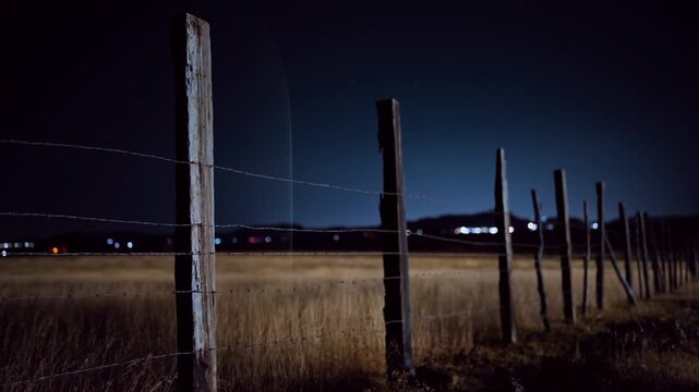 Weathered wooden fence posts with barbed wire stretch across dry grassland at night. Distant bokeh city lights glow on horizon beneath dark blue sky with silhouetted mountains.