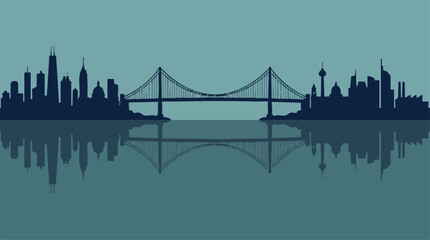 Fototapeta premium Stylized City Skyline Silhouette with Suspension Bridge and Water Reflection