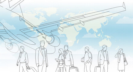 Outlined Figures and Airplane Silhouette Against a World Map Backdrop. © Sukses