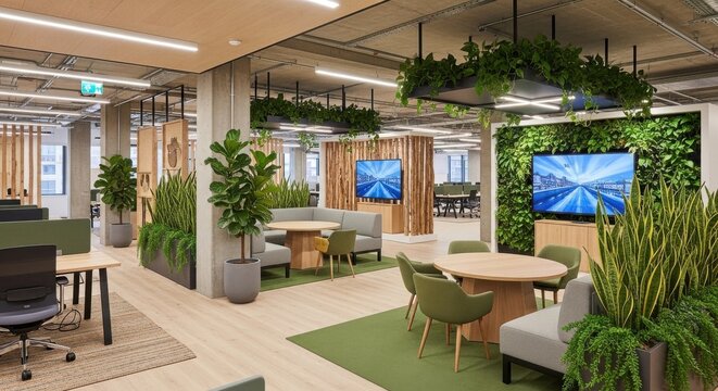 Modern open plan office interior design emphasizing collaborative zones and natural elements