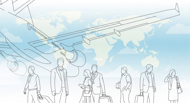 Outlined Figures and Airplane Silhouette Against a World Map Backdrop.