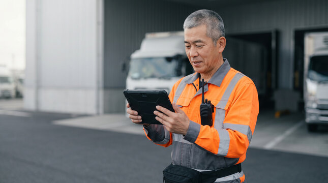 物流センターのトラックの前でタブレット端末を操作し、在庫確認や配送管理を行う日本人男性作業員