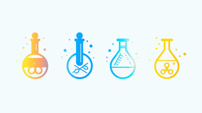 Four stylized, colorful beakers with varied designs and gradients, set against a white backdrop