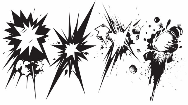 Comic book style illustrations of explosions and impacts, rendered in black and white