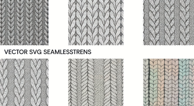Seamless knitted patterns, cable knit textures, winter fabric backgrounds