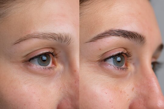 Before and after results of eyebrow lamination, tinting and eyelash extension for a young woman