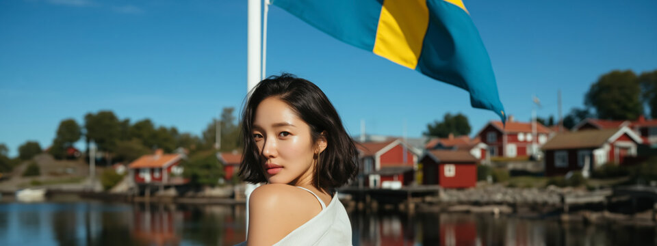 Woman with flag over idyllic Nordic village along waterfront, enjoy summer