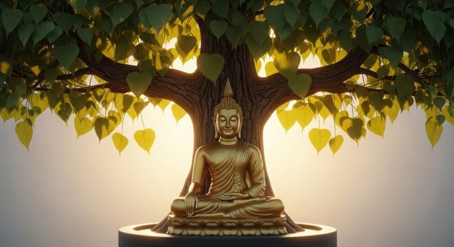 Golden buddha statue sitting in meditation under a bodhi tree with warm sunlight glowing in the background