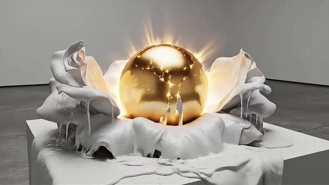 A striking golden orb illuminated by radiant light, nestled within a white, petal-like sculpture, with tiny figures standing on its surface