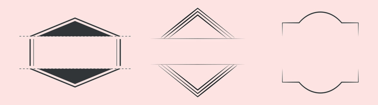 Three geometric frames: diamond, triangle, and ornate shapes. Frames in black and white. Geometric frames for design, geometric art, and decoration. Element vector set.