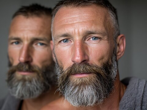 Portrait of a mature man with a thick grey beard before and after grooming or as twin concept