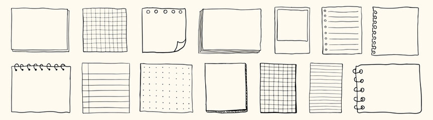Hand-drawn paper sheets. Includes lined, grid, and spiral-bound paper. Sketchy paper designs for notes and sketches. Diverse paper types in a doodle style. Hand drawn illustrations, vector set. © Rawpixel.com