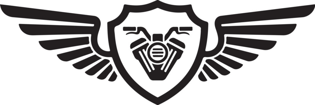 Shield, winged emblem, crest icon, black vector logo, graphic symbol