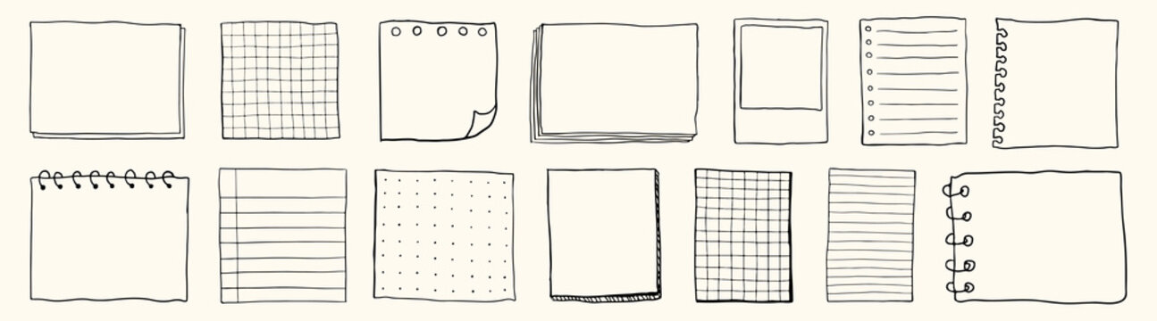 Hand-drawn paper sheets. Includes lined, grid, and spiral-bound paper. Sketchy paper designs for notes and sketches. Diverse paper types in a doodle style. Hand drawn illustrations, vector set.