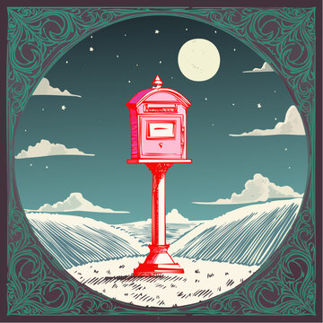 Vintage Red Post Box Standing Alone in a Rural Landscape.