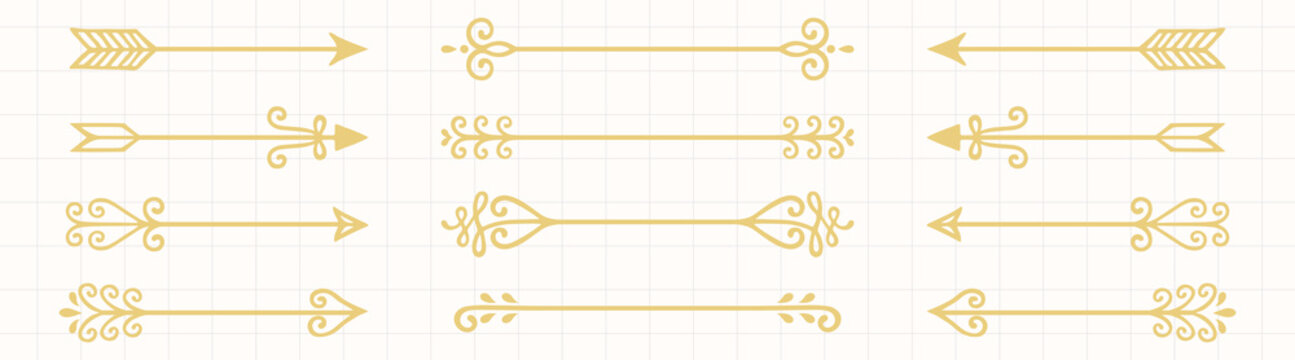 A collection of decorative gold arrows on a grid background. These gold arrows feature intricate designs, showcasing various styles of decorative arrow motifs. Hand drawn illustrations, vector set.