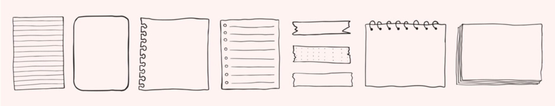 Hand-drawn notebook pages and sticky notes, including lined, spiral, and blank. Sketches of notebook pages and sticky notes in a minimalist design. Hand drawn illustrations, vector.