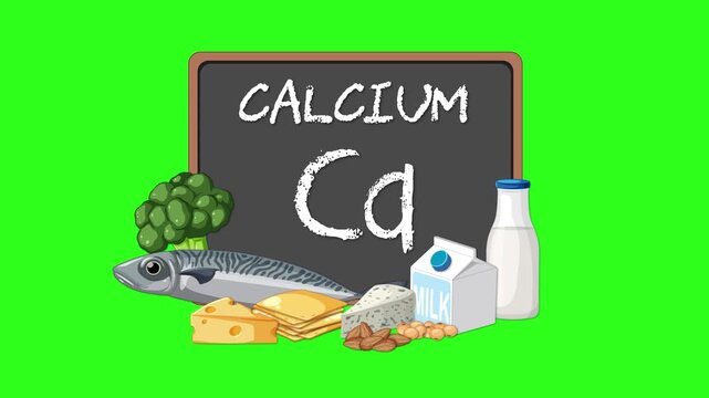 Calcium mineral on blackboard with food sources motion graphic footage, dietary calcium and vitamin d food sources.