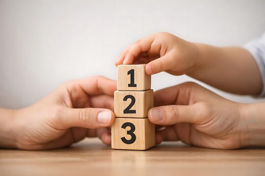 Hands stacking wooden number blocks counting education concept
