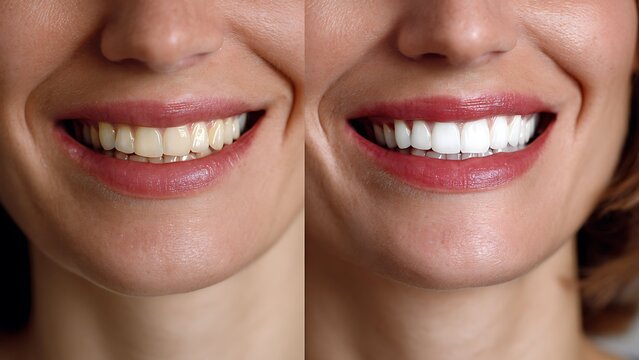 A close-up "before and after" split-screen comparison of a woman's smile, showing the results of professional teeth whitening from yellowed to bright white teeth