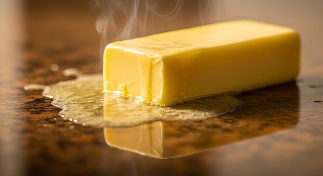 A block of fresh yellow butter melts on a warm dark marble countertop surface with visible steam and a clear reflection in a cozy rustic kitchen environment