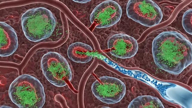 Microscopic View Of Healthy Renal Cortex Cells And Blood Vessels With Flowing Blue Fluid Showing Green Particles