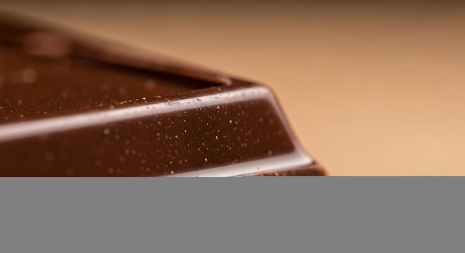 Macro close up shot of a smooth dark chocolate bar edge featuring rich texture and sharp geometric lines against a soft neutral blurred background setting