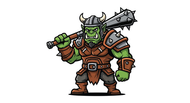 Cartoon orc warrior with club illustration for fantasy design