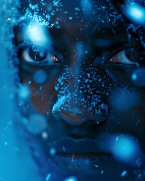 Face Half-Lit by Blue Snow Reflection Captured in Mysterious Winter Portrait with Soft Focus