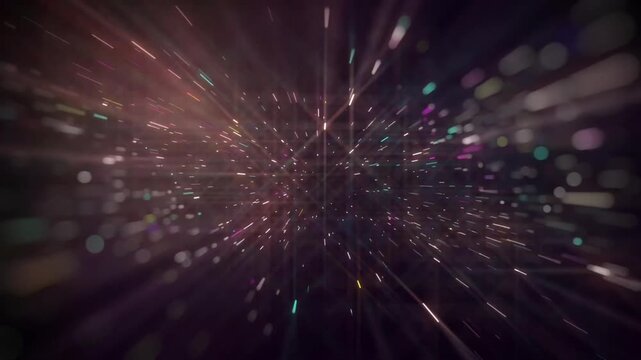 Dark hyper space warp motion background with colorful light streaks and glowing particles zoom effect