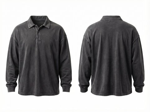Men's Oversized Washed Black Long Sleeve Polo Shirt Front and Back