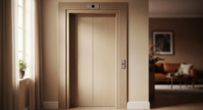 Textured beige composite elevator doors with a subtle modern frame and integrated call button