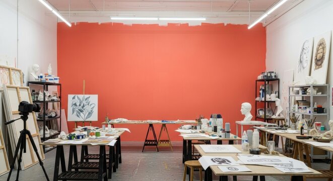 Expansive coral painted studio wall with art supplies and tables set up for creative work