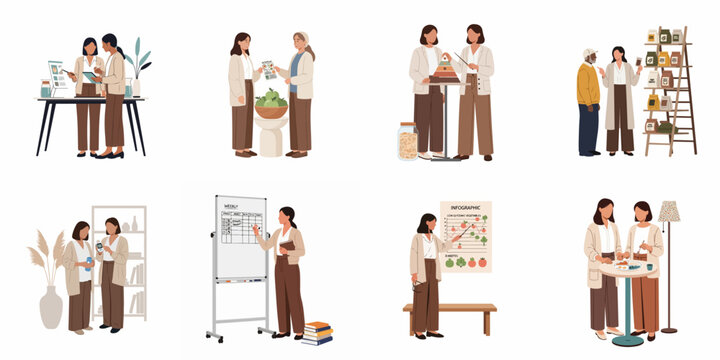 Set of flat vector illustrations depicting nutritionists and dietitians providing healthy eating advice, meal planning, and dietary consultations to clients.