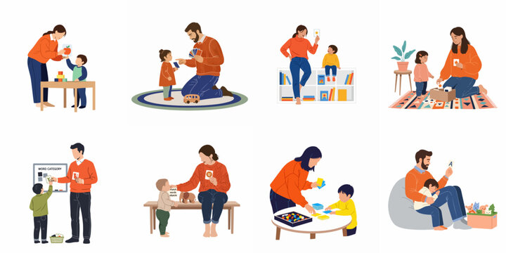 Collection of illustrations showing parents and educators teaching young children with flashcards and toys for early development and home learning.