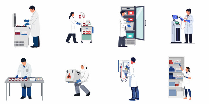 Set of illustrations showing laboratory scientists and technicians working in a blood bank and medical research facility.
