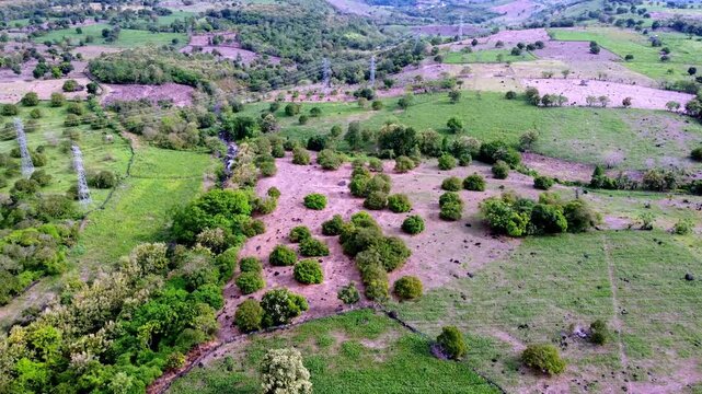 Aerial drone footage of vast farmland cultivated by locals, featuring diverse crops, green fields, and rural agricultural landscape under natural daylight.
