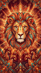 Obraz premium Leo Vedic Astrology Zodiac Sign Card: Creative design with Fire element lion, solar mandalas, and Sanskrit mantras