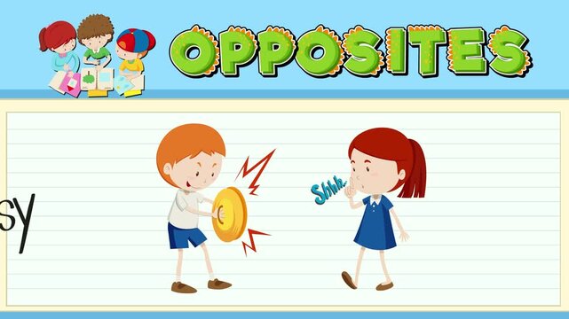 A motion graphic video of opposite words noisy and quiet with cartoon character illustrations.