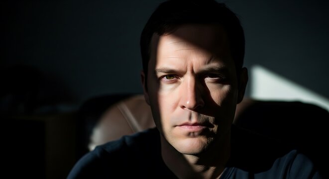 man looking down with serious expression.