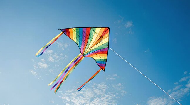 Colorful Kite Soaring Against Clear Blue Sky With Wispy White Clouds Bright Daylight Kite Flying Outdoor Activity Fun Leisure Recreation