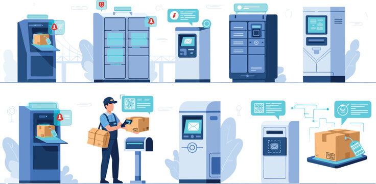 Modern Package Delivery Locker System with Self-Serve Options and QR Codes for E-Commerce, Logistics, and Automated Delivery Themed Designs, Vector Illustration