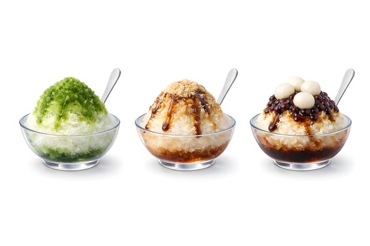 Three Japanese shaved ice desserts with matcha kinako kuromitsu and shiratama on white background