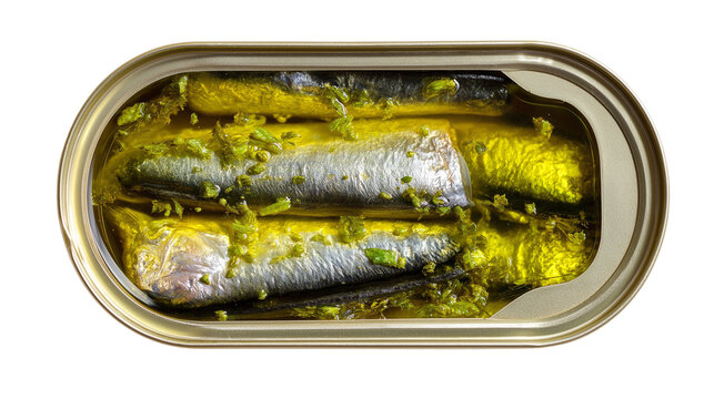 Opened Tin Can with Sardines in Oil Top View Isolated on Transparent Background