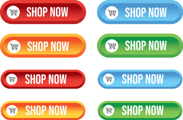 Fototapeta premium Collection of colorful shop now buttons with shopping cart icons displayed high-quality