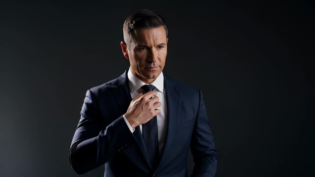 Confident Businessman in Dark Suit and Tie Looking Sideways on Dark Background