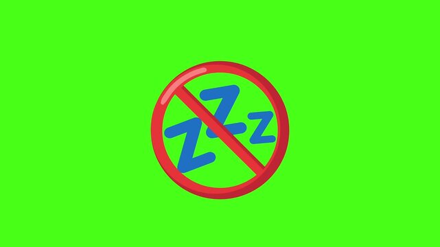 No Sleep Symbol on Green Screen, Zzz Sign with Red Circle and Line, Animated Icon.