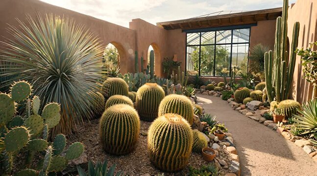 Desert Garden with Golden Barrel Cacti, Blue Yucca and Sandy Path Amidst Warm Terracotta Walls Under a Clear Sunny Sky